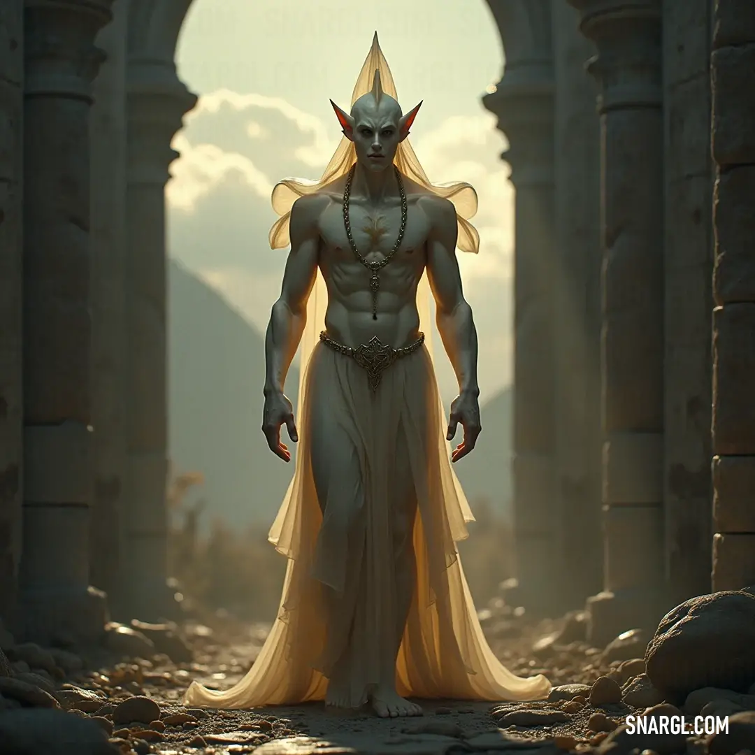 Shahrivar, adorned in a dramatic costume with a fierce demon mask, enhances the atmosphere of mystery and intrigue in a shadowy cave. Shahrivar stands strikingly in a dim cave, dressed in an elaborate costume and a fierce demon mask that adds an element of drama and mystery to this intriguing scene of the mystical realm.