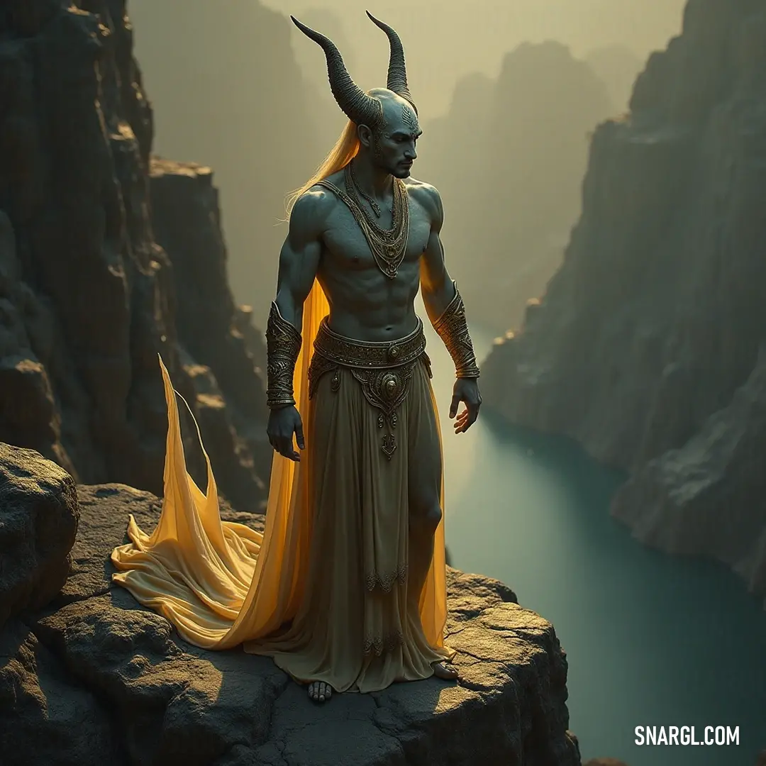 A majestic figure in a horned costume gazes over a serene lake and majestic mountains from a rocky cliff, embodying a spirit of adventure and natural beauty. A majestic figure adorned in an intricate horned costume stands proudly on a rugged cliff, gazing out over a serene lake surrounded by towering mountains, the scene infused with a sense of adventure and nature's grandeur.
