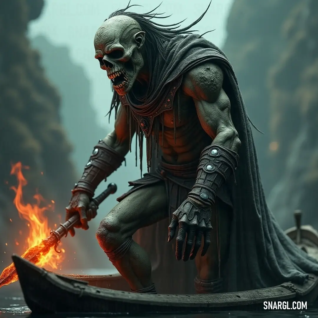 A Shambler, a terrifying figure, sits in a boat holding a flame, casting an ominous glow across the dark waters as he drifts into the unknown. A demonic figure, the Shambler, sits in a boat holding a flickering flame, his eerie presence standing out against the dark waters as he navigates the night.