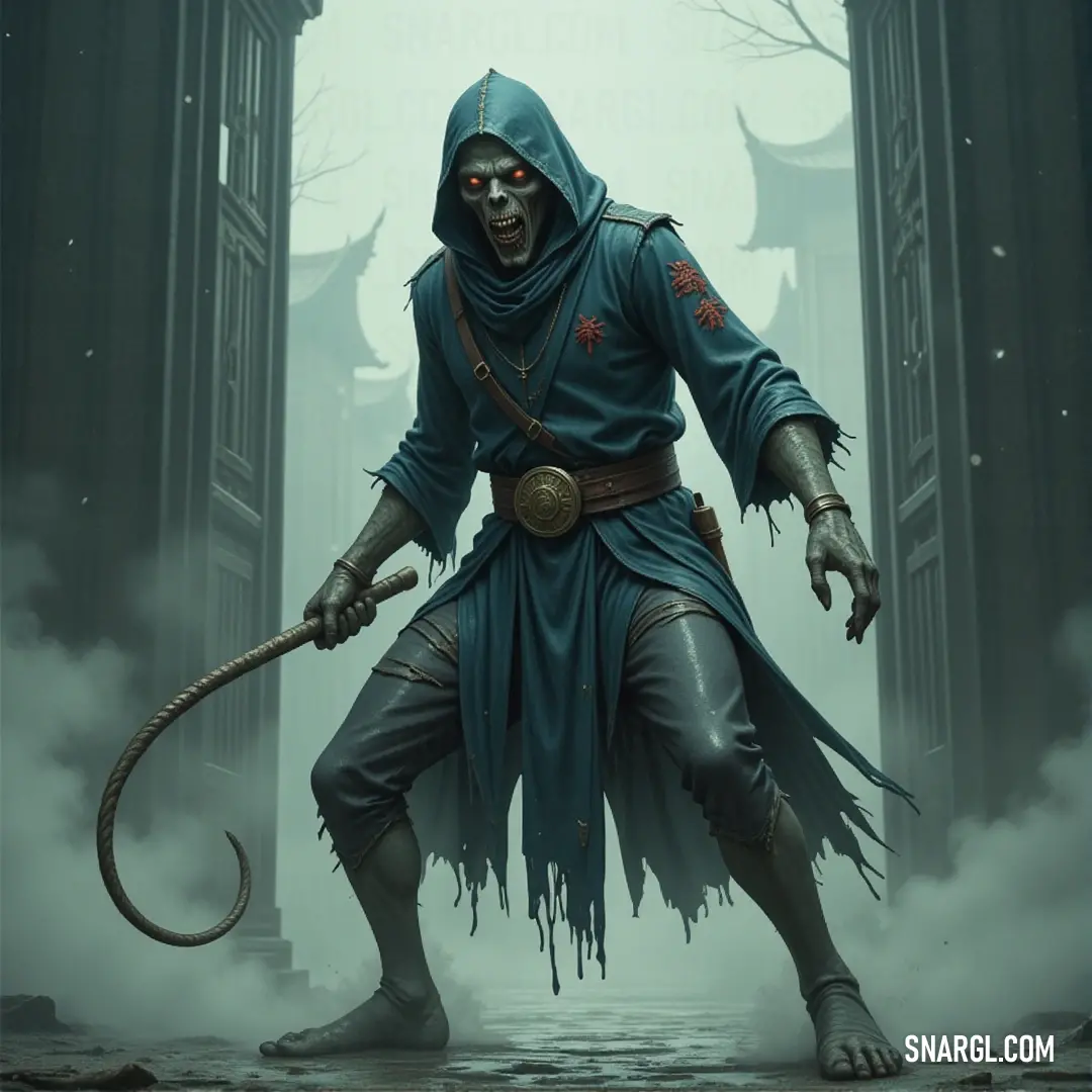 A hooded horror brandishing a whip in a foggy landscape, with an abandoned building adding to the sense of doom and dread. A hooded figure, its face hidden in shadow, grips a long whip tightly in a fog-covered area. A dark, abandoned building looms in the background, setting the tone for the eerie scene.