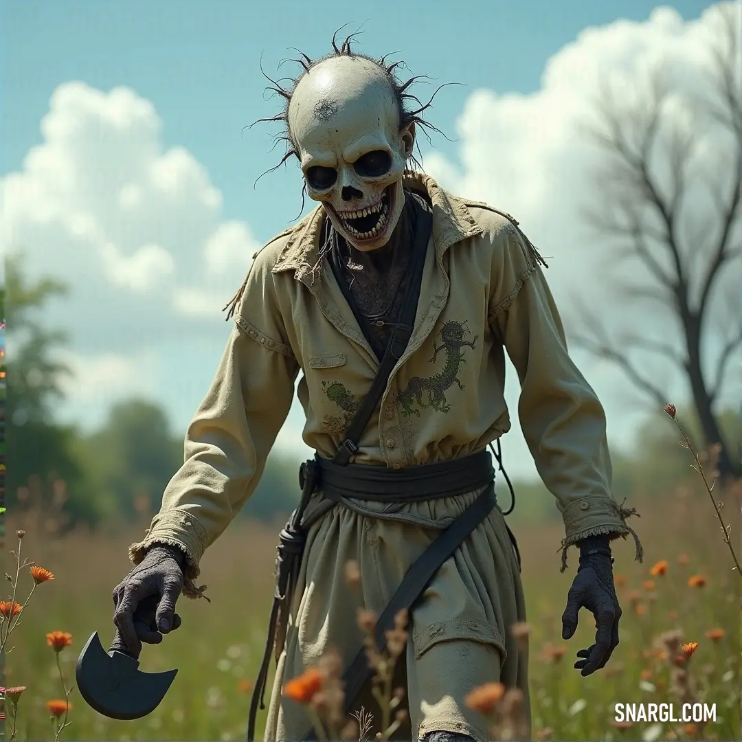 A creepy, trench-coated figure holding a saw and a tool, standing amongst flowers with a strange sky overhead, blurring the line between beauty and horror. A shadowy figure dressed in a weathered trench coat, holding a saw and a tool, stands in a vibrant field of flowers. A surreal sky looms above, creating an unsettling contrast to the peaceful setting.