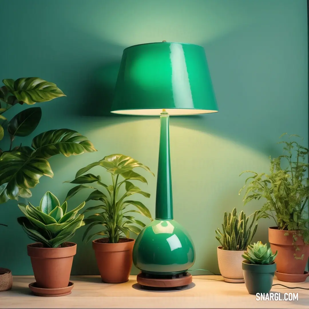 Green lamp on top of a table next to potted plants. Example of RGB 0,158,96 color.
