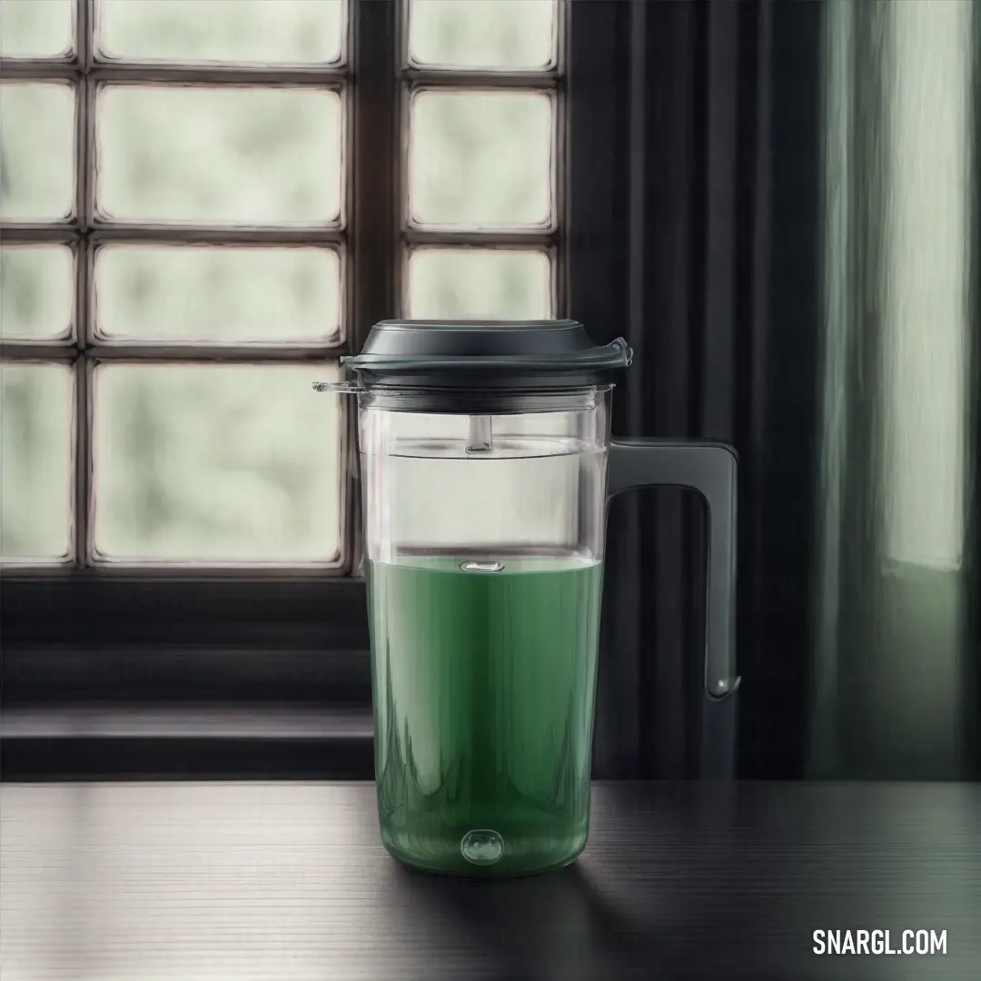 Green liquid in a glass mug on a table next to a window with a curtained window behind it