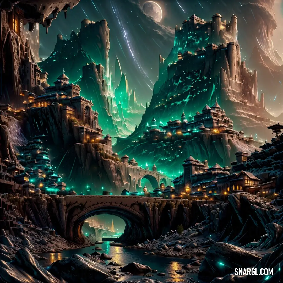 Painting of a fantasy landscape with a bridge and a castle in the distance with a green light on