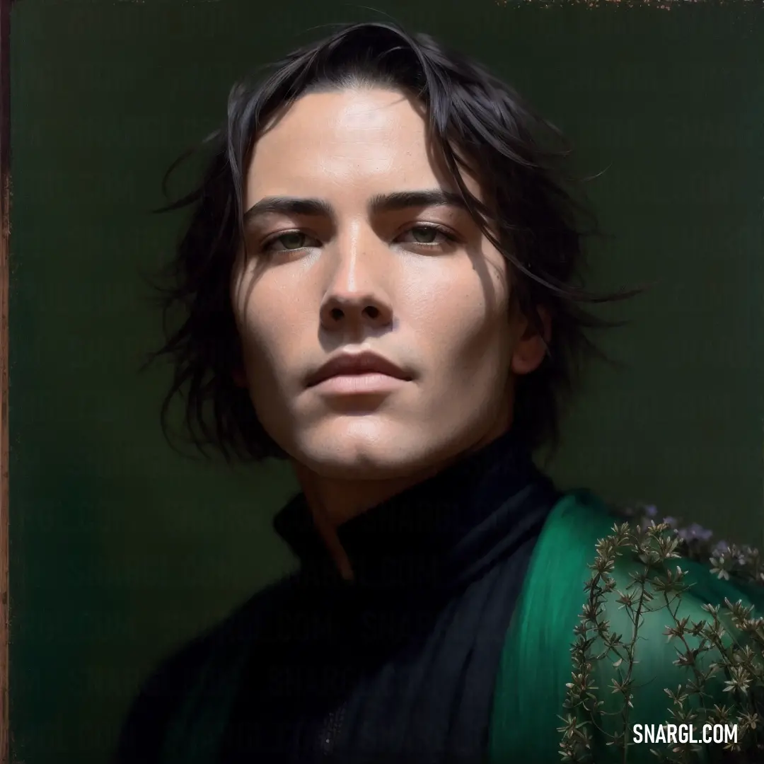 Painting of a man with long hair and a green shirt on