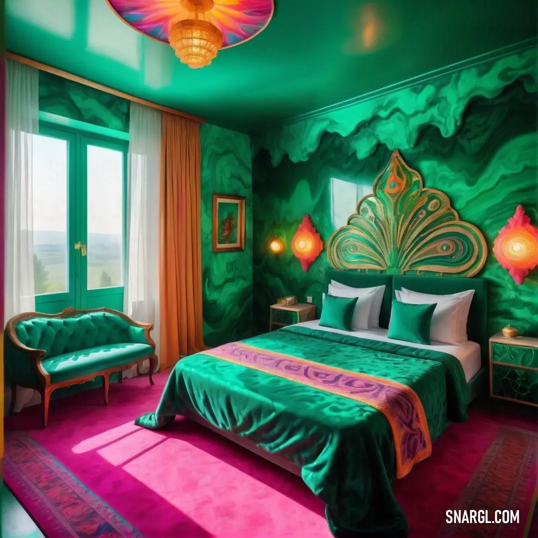 Bedroom with a green and pink theme and a green bed with a green headboard. Example of Shamrock green color.