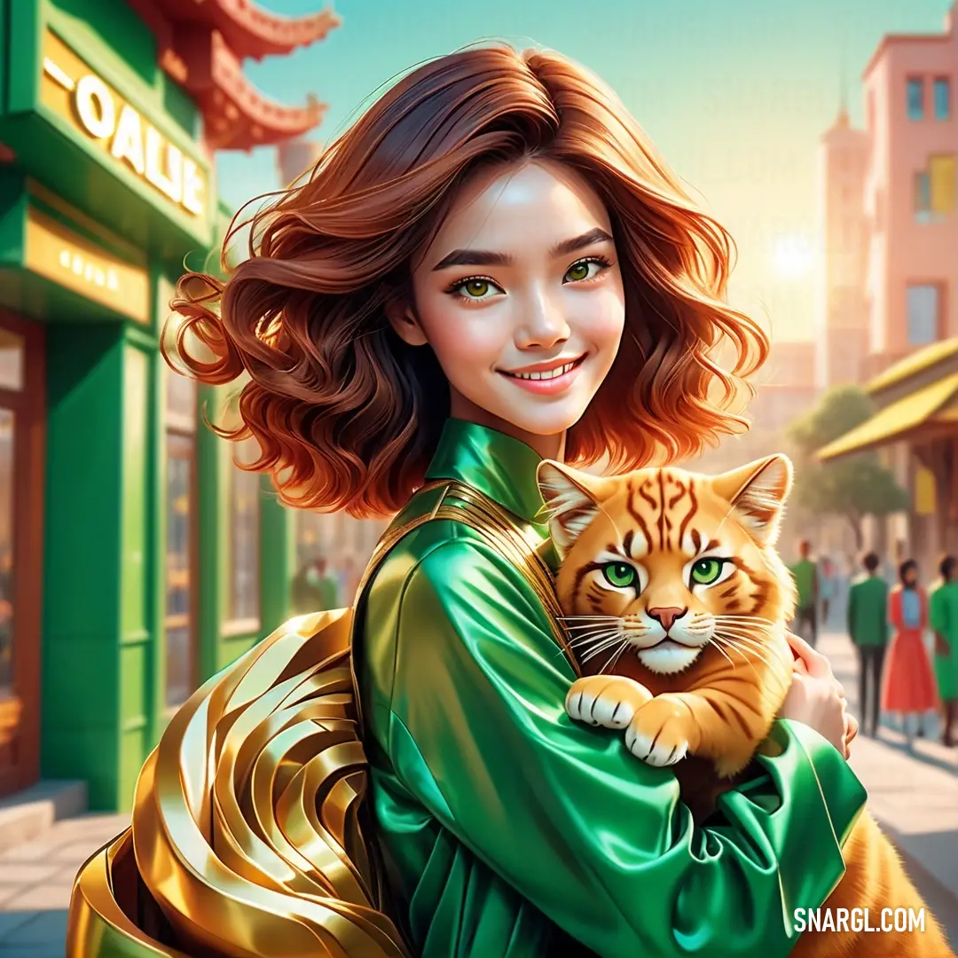 Woman holding a cat in her arms on a street corner with a storefront in the background. Color Shamrock green.