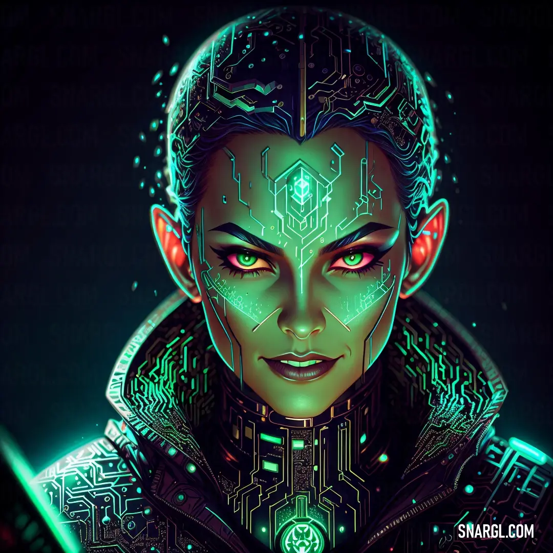 Woman with a futuristic head and electronic circuit board on her face