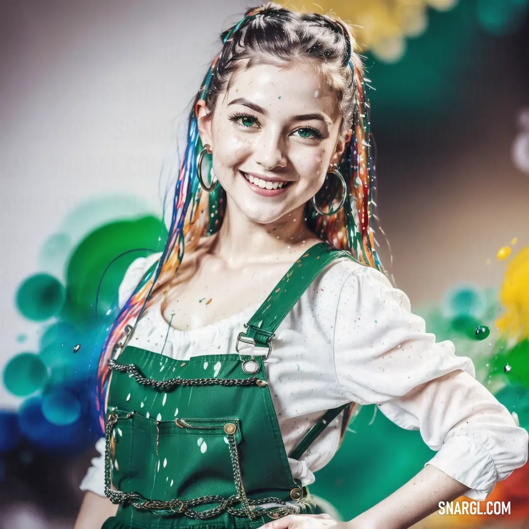 Woman with long hair and a green apron on posing for a picture with a colorful background and a splash of paint on her face