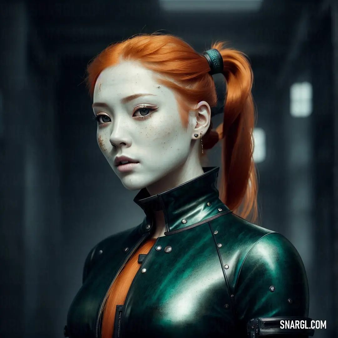 Woman with red hair and a green leather outfit is standing in a hallway with a black background