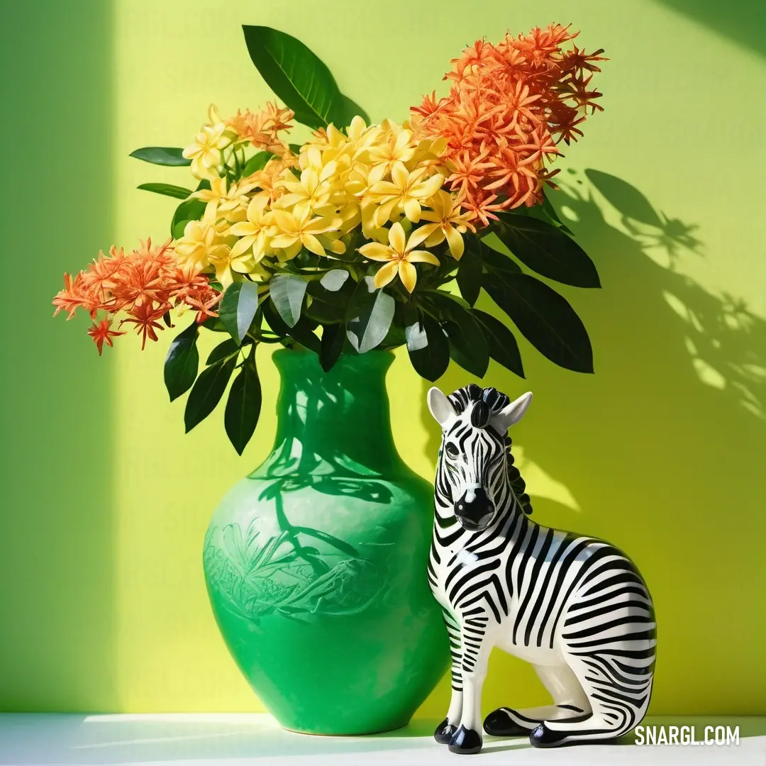 Zebra figurine next to a green vase with flowers in it on a table next to a green wall. Color CMYK 100,0,39,38.
