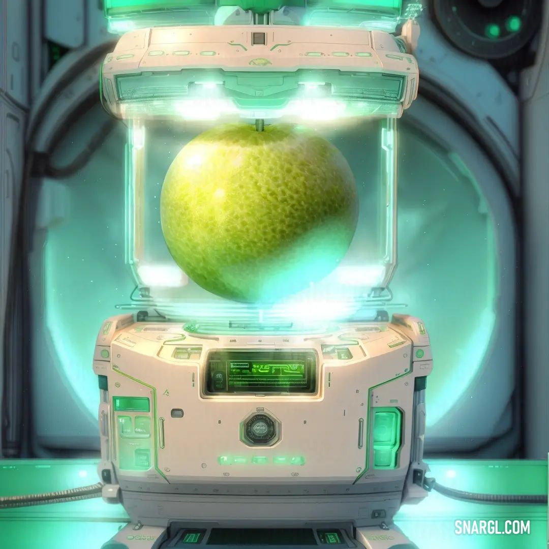 Green apple is in a futuristic machine with a light on it's side and a speaker on the other side