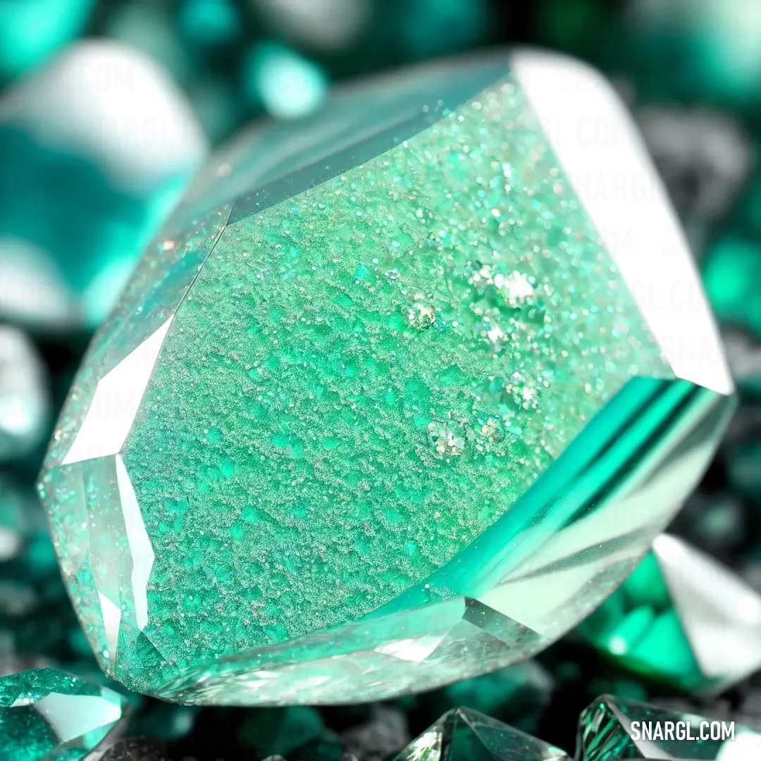 Green diamond surrounded by green and silver crystals and crystals scattered around it