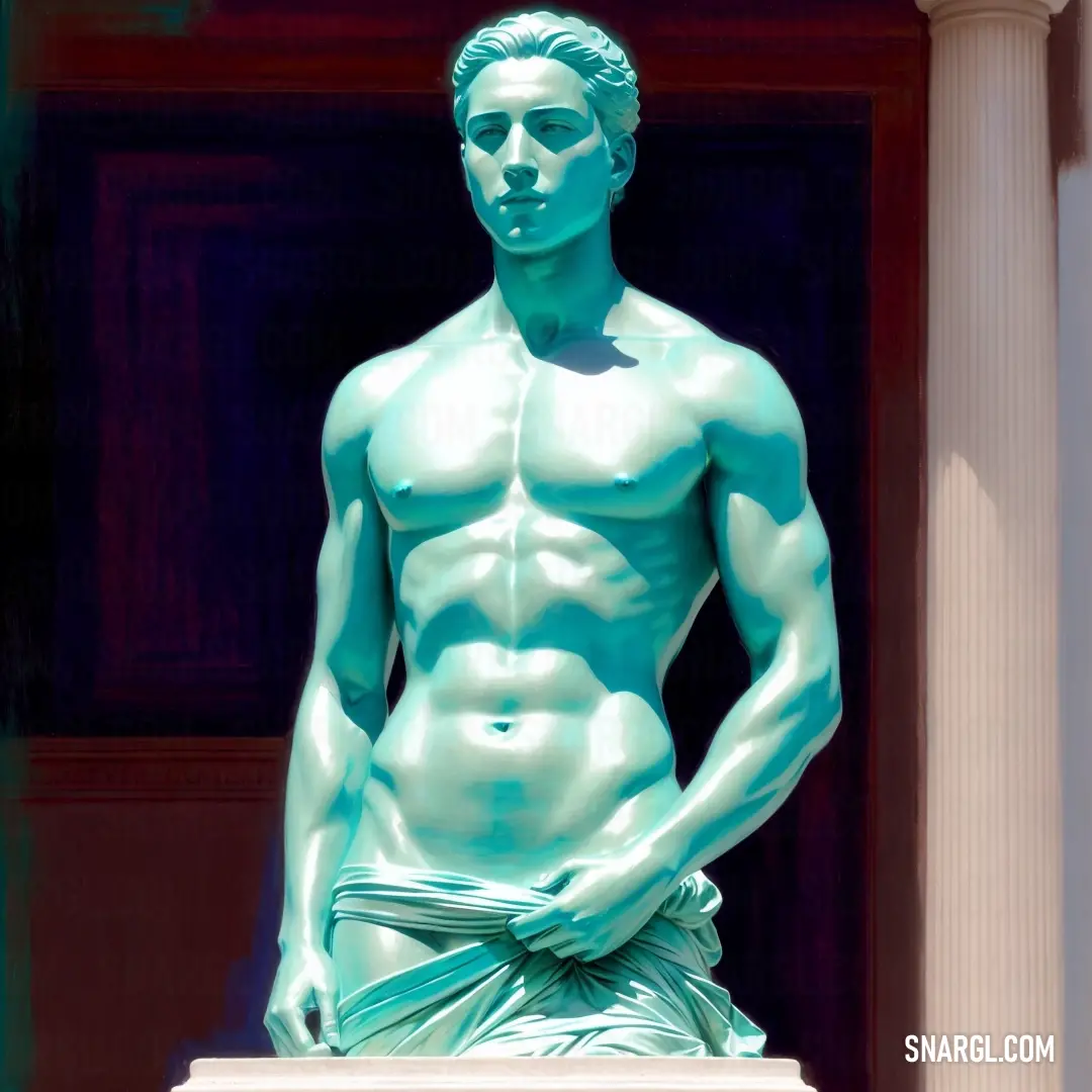 Statue of a man with no shirt on is standing in front of a building with columns and a doorway