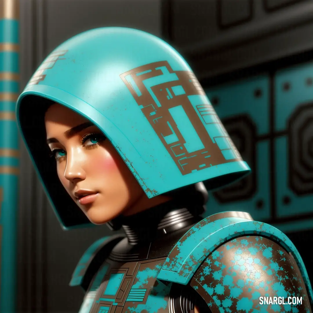 Woman in a blue helmet and a blue dress with a star trek emblem on it's face