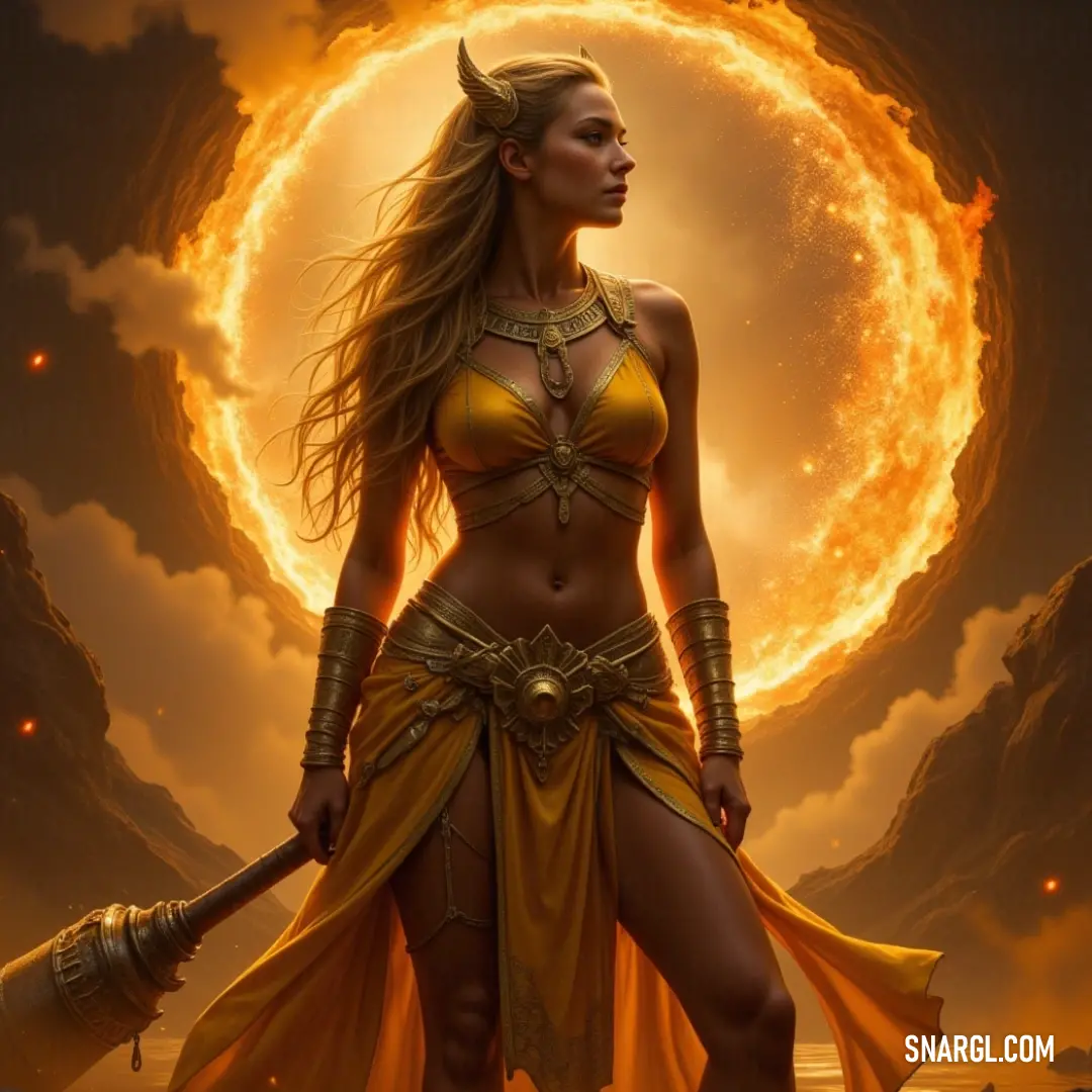 A stunning image of a fierce warrior in swimwear, wielding a colossal axe under a blazing sun, encapsulating a moment of fearless empowerment and dramatic intensity. An exciting depiction of a warrior woman in a daring bikini, her powerful stance complemented by a massive axe. Set against a fiery sun circle, the scene is filled with intensity and a sense of imminent action.