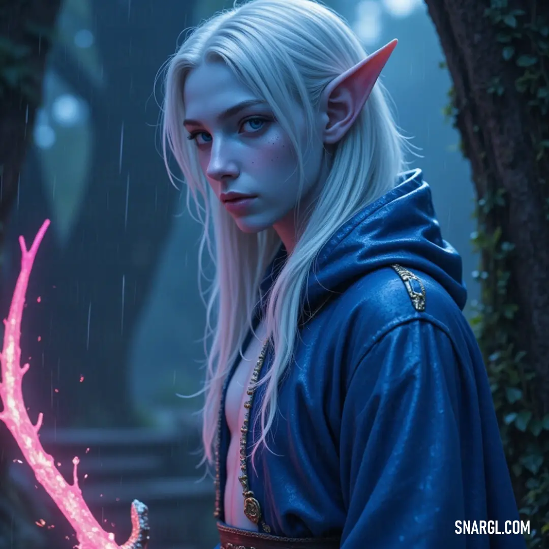 A spirited character with flowing white hair and a radiant blue jacket holds a magical pink wand in a lush setting, with a tree exuding enchantment behind her, capturing the essence of wonder and adventure. A whimsical figure with flowing white hair and a shimmering blue jacket clutches a glowing pink wand surrounded by vibrant greenery. The enchanting tree behind her enhances the magical scene, reflecting the union of nature and mysticism.