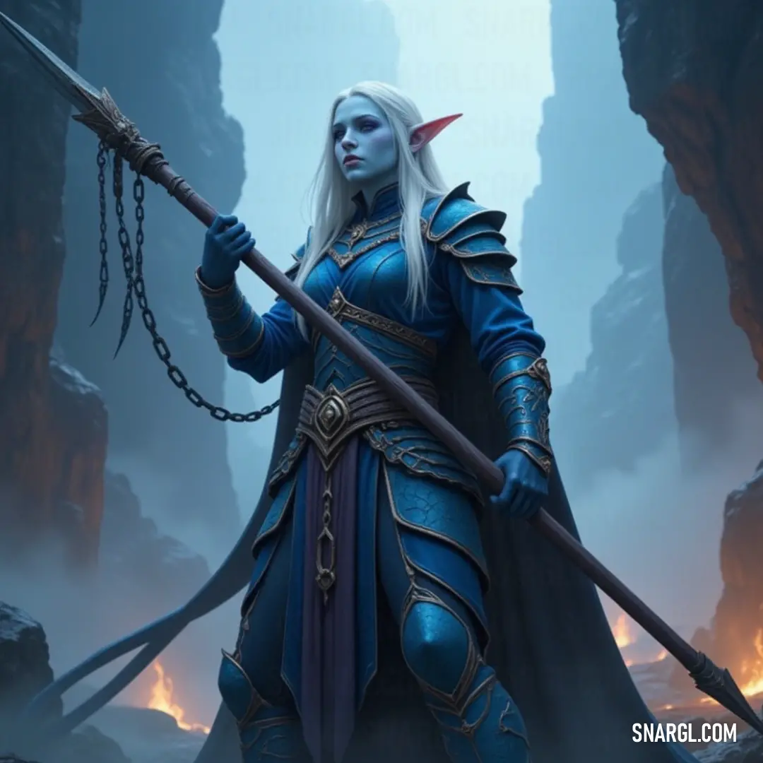 In a fiery cave illuminated by glowing lava, a fierce warrior in a blue outfit confidently wields a sword and chain, their expression fierce as they harness the elements surrounding them.