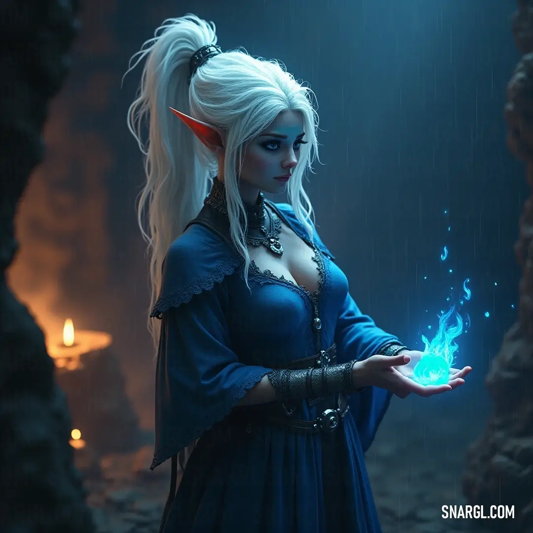 In a shadowy cave, a figure in a luminous blue gown cradles a glowing treasure, casting mesmerizing reflections, creating an atmosphere of mystique and fragile beauty. An enchanting figure in a shimmering blue dress holds a glowing artifact delicately in her hands, surrounded by the shadows of a dim cave, illuminated by a flickering candle, evoking a scene of mystery and magic.