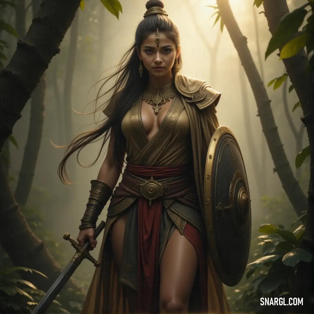 A woman with a sword and shield stands in a forest, with sunlight filtering through the trees around her. A woman in costume stands tall in a forest, holding a sword and shield. The sunlight streams through the trees, creating beams of light that shine on her, highlighting her fierce determination and strength.