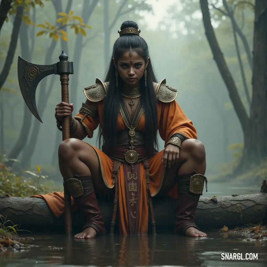 A woman with an axe sits on a log in a forest, her costume reflecting both strength and tranquility. A woman in an intricate costume sits on a log, holding a large axe with strength and focus. The peaceful forest setting contrasts with the imposing weapon in her hands, suggesting a balance between power and calm.