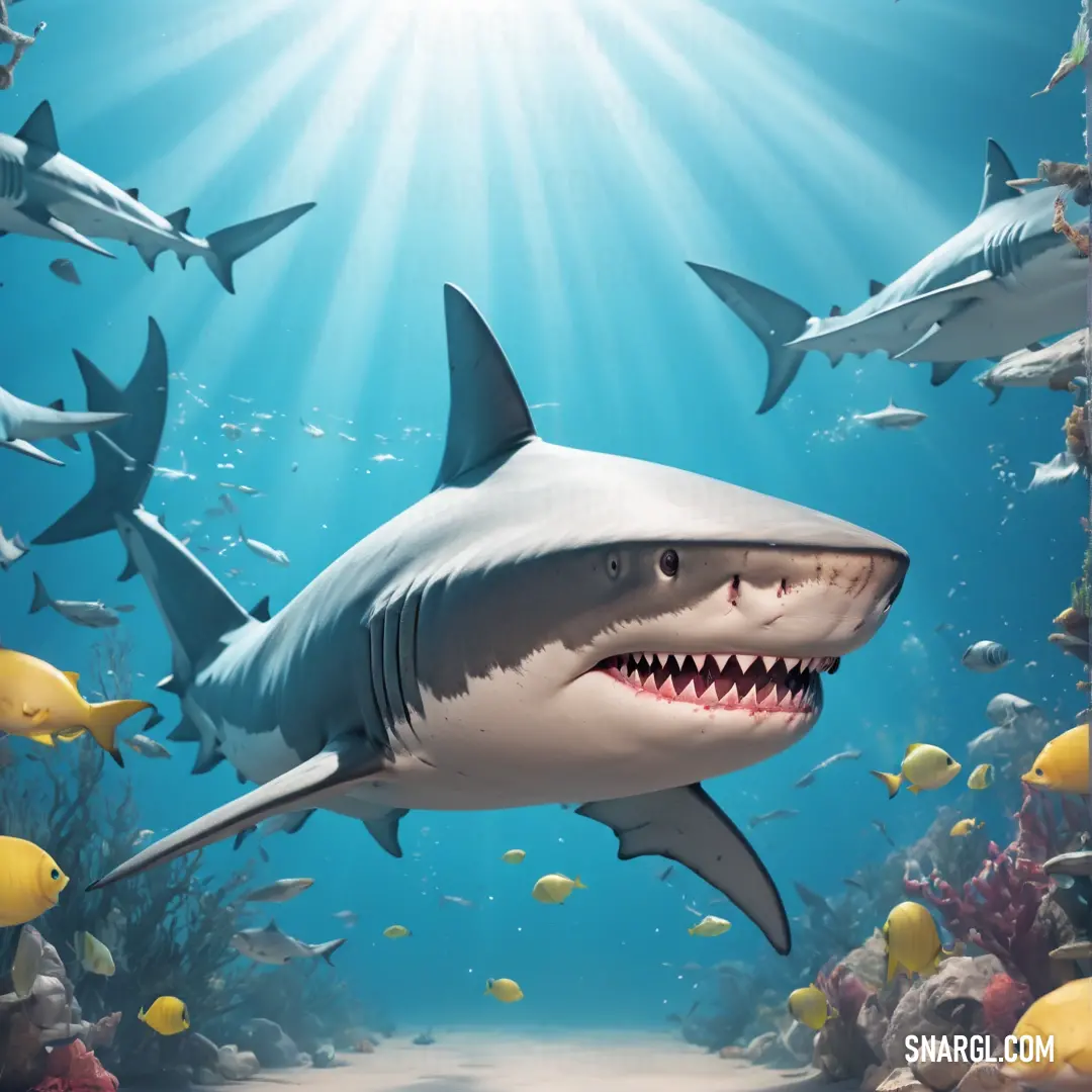 A group of sharks swimming together in the ocean with sunbeams filtering through the water and fish all around. A group of sharks swims in unison through the clear blue ocean, their sleek bodies cutting through the water beneath a bright sunbeam. The underwater scene is full of life, with schools of fish darting around the predators.