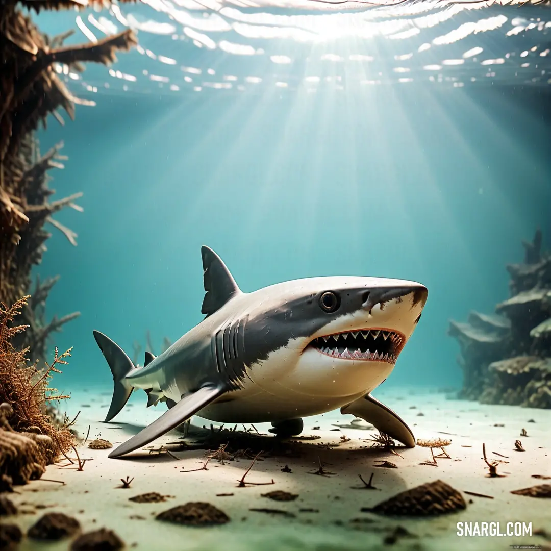 A shark glides effortlessly through the crystal-clear ocean, with rays of sunlight breaking through the surface and illuminating its path. Below, a lush bed of seaweed stretches across the ocean floor, creating a serene underwater scene.