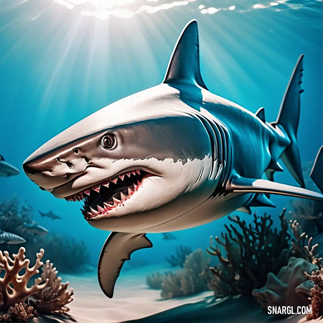 A cheerful shark with a big grin swims through the vibrant ocean, surrounded by colorful corals and diverse marine creatures. A joyful shark swims through the clear blue ocean, its large, friendly grin lighting up the underwater world. Colorful corals and marine life surround it, adding to the cheerful, lively vibe of the oceanic scene.