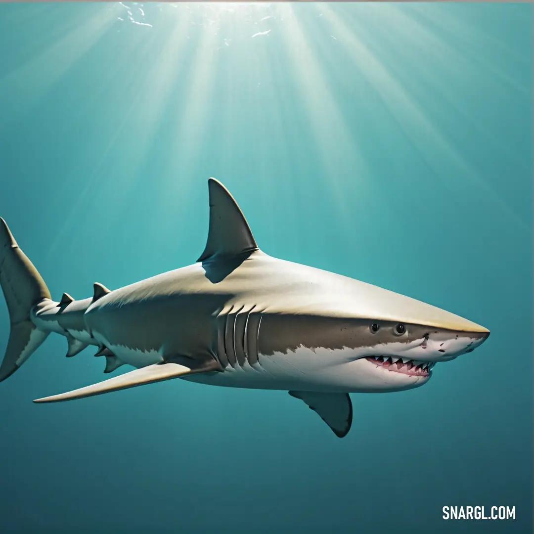 A powerful shark with an enormous, toothy grin swims through the ocean, its fierce mouth wide open. Sunbeams slice through the water above, adding an almost mystical glow to the scene as the shark dominates the marine world around it.