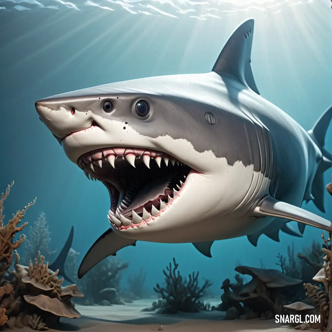 A shark with its mouth open, teeth bared, swims through a vibrant ocean filled with corals and marine creatures. A powerful shark with its mouth agape, displaying its sharp teeth, swims through the ocean amidst colorful corals and other marine life. The underwater world is alive with motion, as the shark moves effortlessly through its domain.