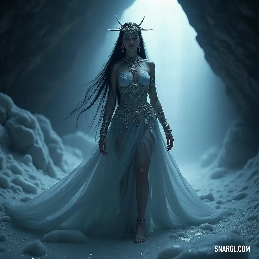 A striking figure in a flowing white dress, crowned with elegance, stands poised in a mystical cave, evoking feelings of grace and serenity amidst the rugged beauty of the natural world. An ethereal figure dressed in a flowing white gown stands regally in a cave, a shimmering crown atop her head. The natural beauty of the cave complements her elegance, creating a divine harmony.
