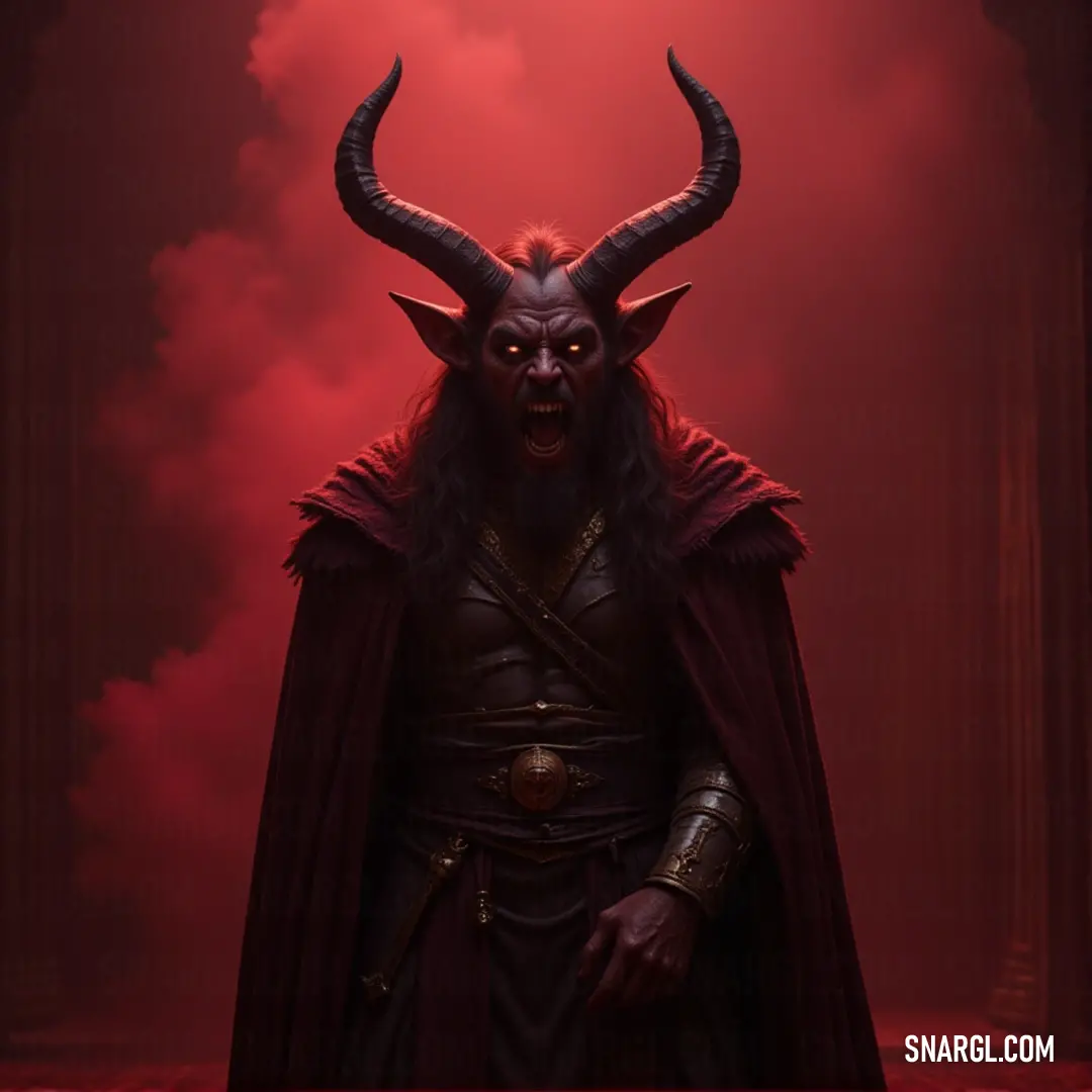 Shax, with his sinister horns and flowing cape, stands bathed in a red glow, the intense light sharpening his dark silhouette as it hints at the destructive power he wields. Shax, draped in a dark cape, stands in an intense red light. His horns curve upward as he exudes an aura of malevolent power, his silhouette sharp against the fiery backdrop, suggesting an imminent, fiery clash.