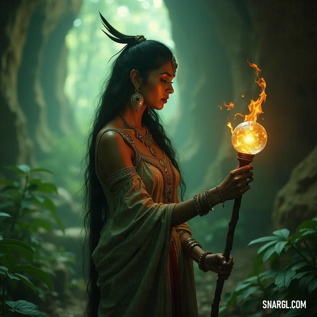 A powerful figure in a forest holding a radiant fireball, surrounded by trees and plants, creating a captivating atmosphere of magic and mystery. A woman stands in a mystical forest, holding a glowing fireball, surrounded by towering trees and lush greenery. Her intense gaze and the vibrant flame contrast with the natural serenity of the forest.