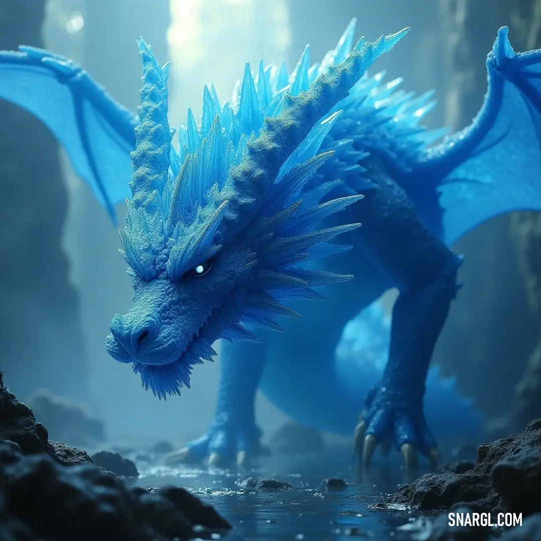 Shenron, with its blue scales gleaming, stands in a mystical cave, clutching water and rocks in its mouth, an ancient being connected to the earth’s deep secrets. A blue Shenron coils within a dimly lit cave, holding water and rocks within its mouth, its scales shimmering as it stands like a guardian of the underground world.