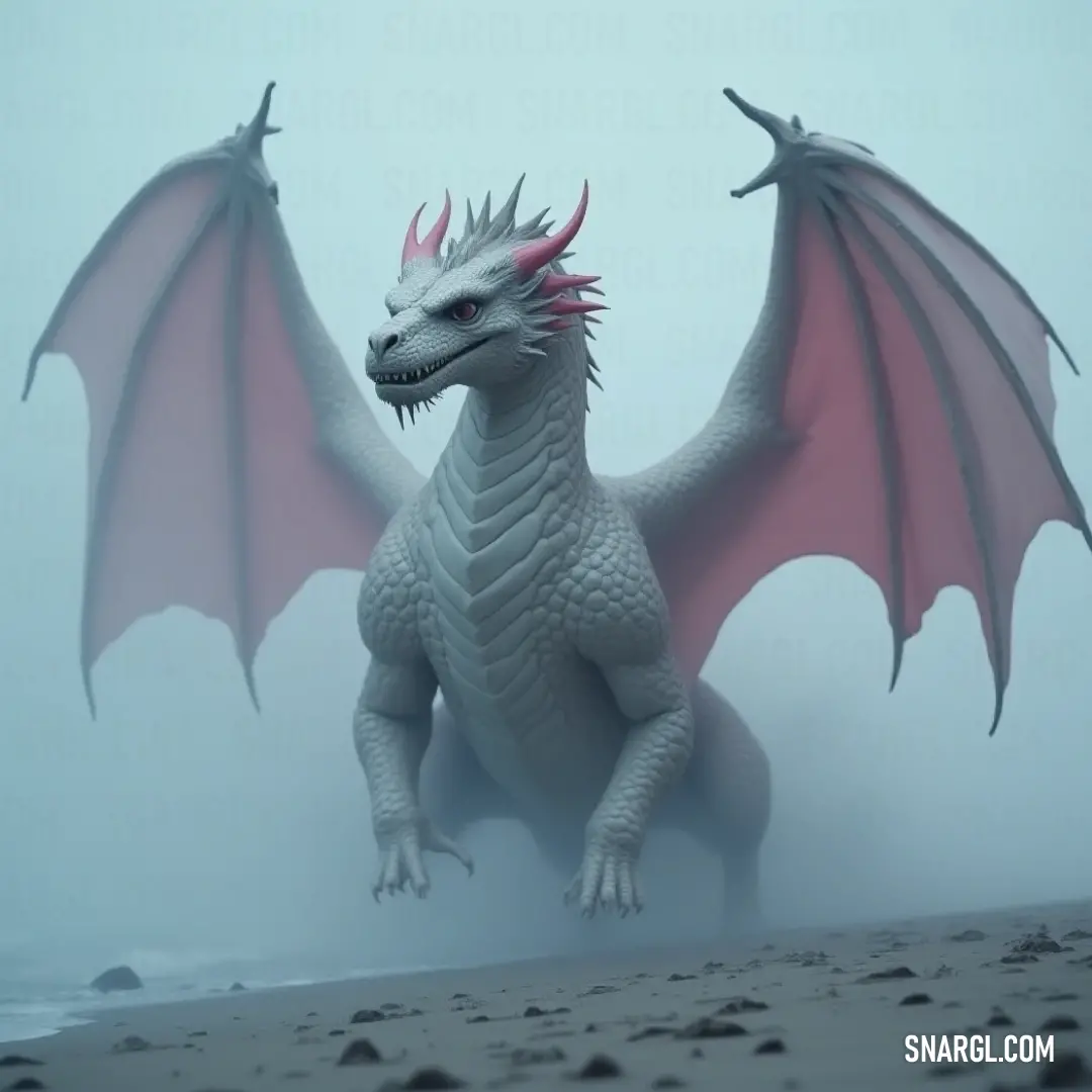 The ethereal White Shenron, with striking red wings elegantly spread, stands poised on a beach, surrounded by a misty sky that enhances its mystical allure in a serene atmosphere.