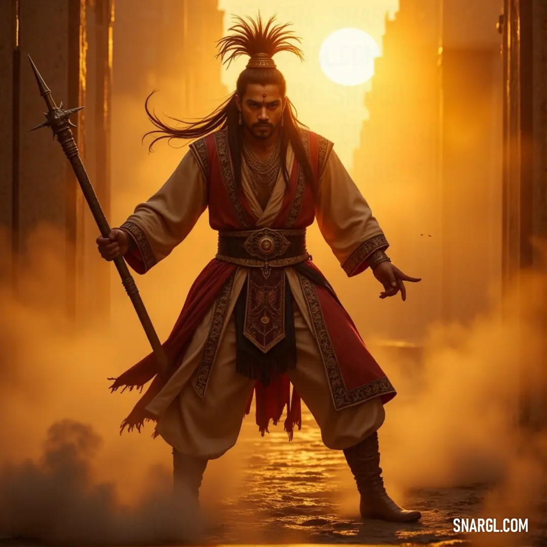 Shenzi, dressed in a costume, stands ready with a sword in hand, exuding strength and mystery as he prepares for the unknown. Shenzi, now armed with a sword, stands poised in a mysterious setting. His fierce gaze is focused as he grips his weapon, his costume adding to the air of danger and intrigue that surrounds him.
