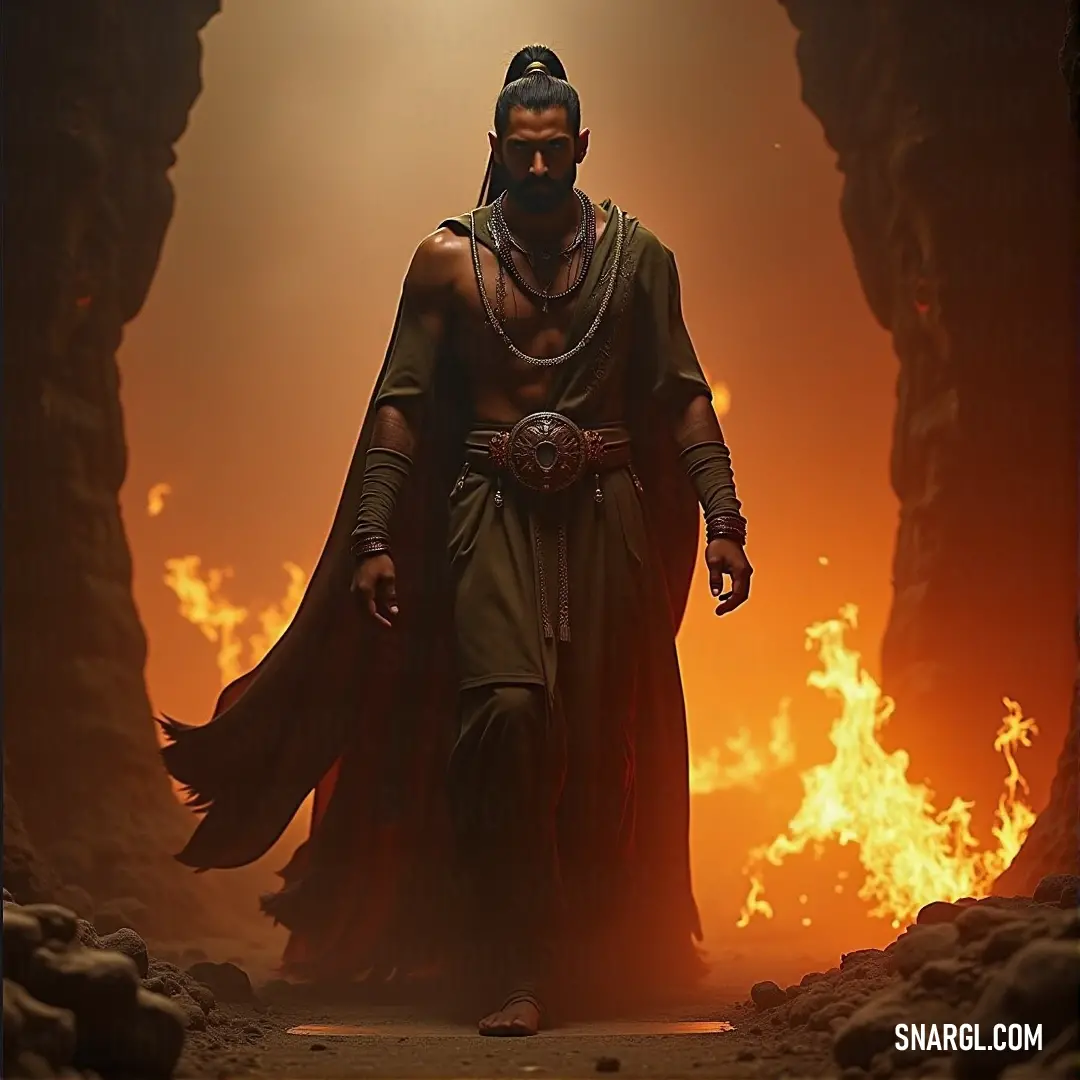 Shenzi in an elaborate costume, standing boldly in a cave, fire blazing behind him, as mysterious light illuminates his figure and the dark stone walls. Shenzi stands heroically within a dark cave, fire burning fiercely behind him. The dramatic light shines from behind, casting an otherworldly glow on his costume, revealing both strength and mystery.