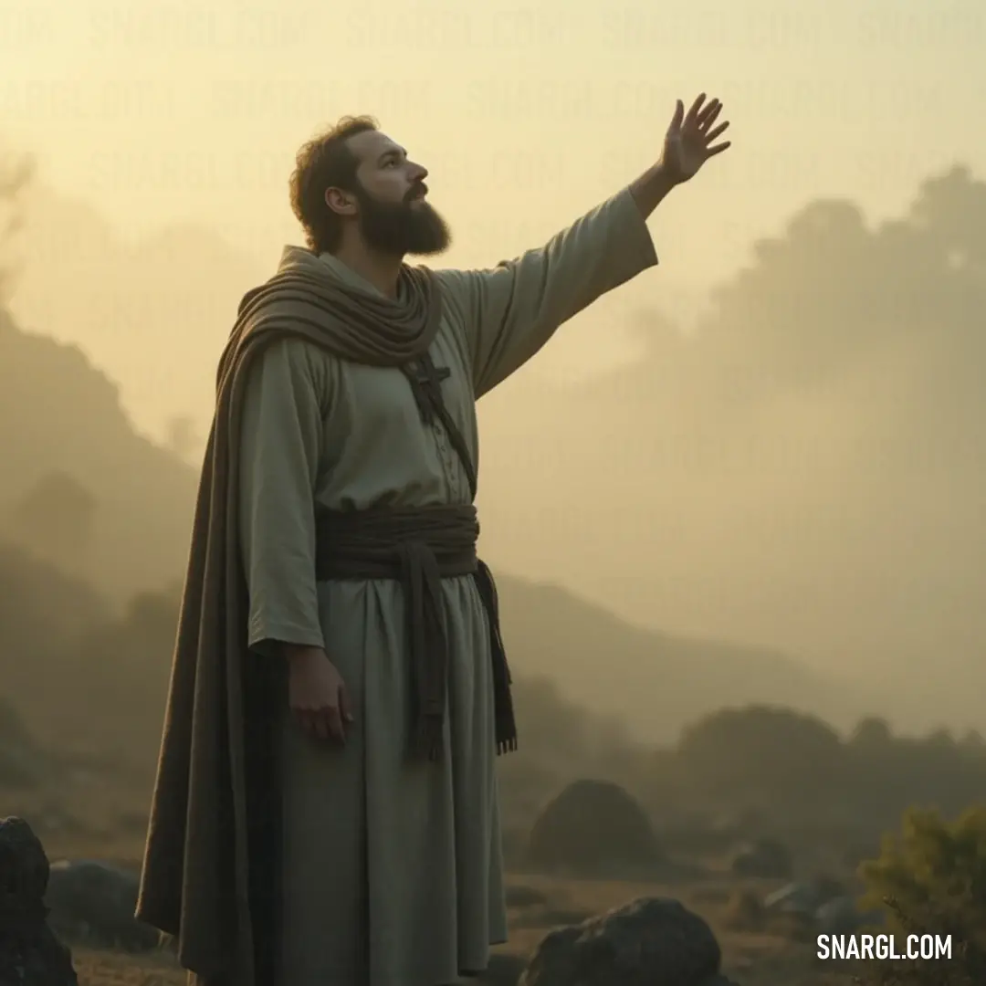 An inviting figure in robes, embracing nature in an open field of tranquility. A venerable figure in flowing robes extends his arms wide in a lush green field, inviting connection with the world around him. The soft breeze dances with the grass, while the serene landscape echoes the power of peace and unity with nature.