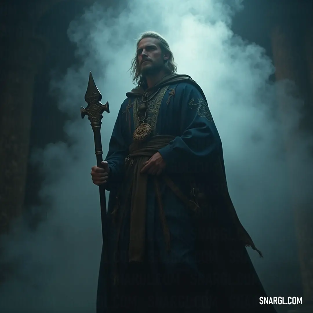 A mystical sage in a robe, holding a powerful staff amidst swirling fog. A sage-like figure, enrobed in ancient garments, wields an imposing metal staff. Mist swirls around him, creating an ethereal atmosphere that hints at the secrets of forgotten realms and the wisdom necessary to unlock them, with an aura of mystique envelo