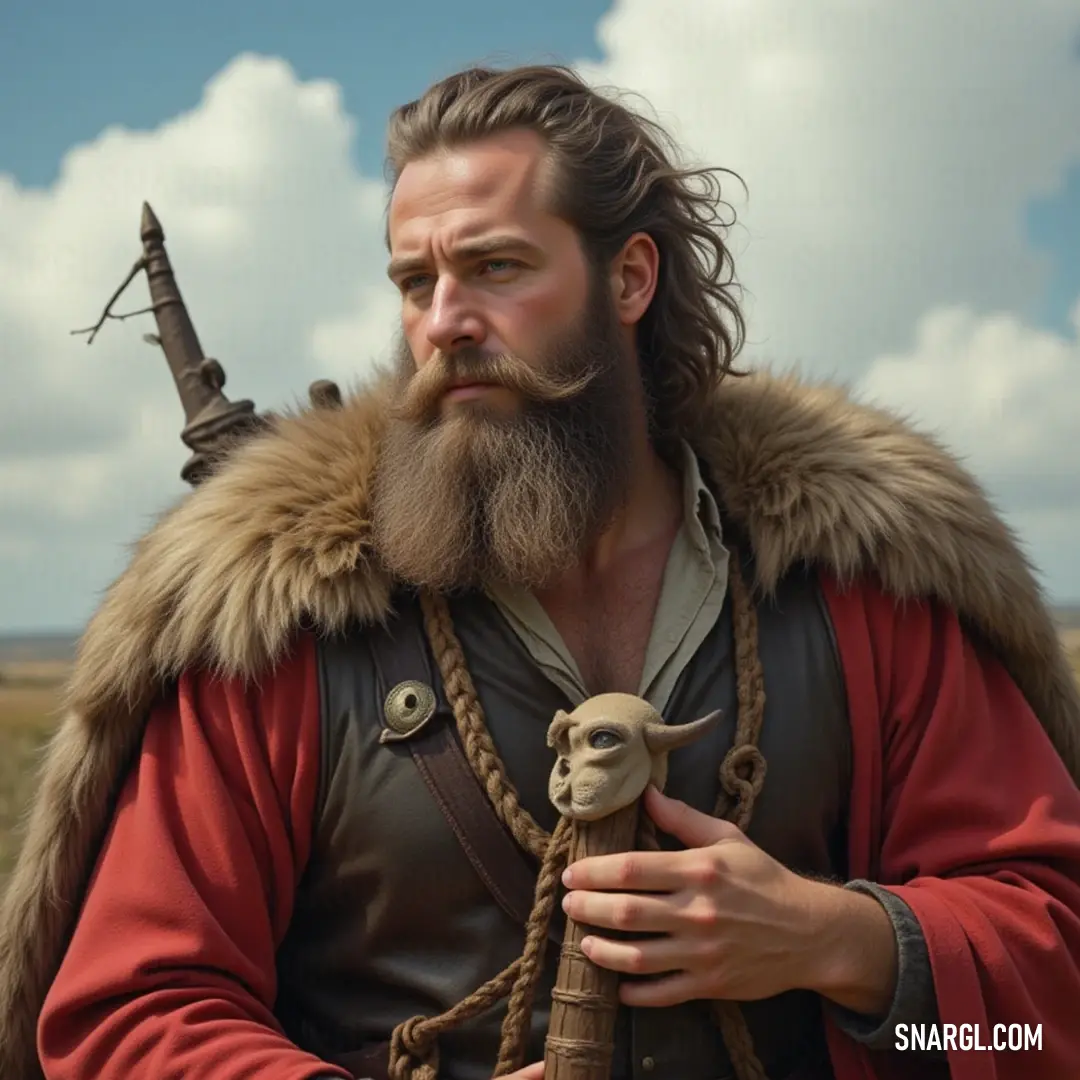 A dramatic figure draped in red, exuding power and mystique with a goat companion. Clad in a dramatic, vibrant red coat, a figure with a striking beard cradles a goat head on his shoulder. His confident stance and commanding presence evoke an aura of strength and mystery that invites curiosity about his storied past and incredible journ