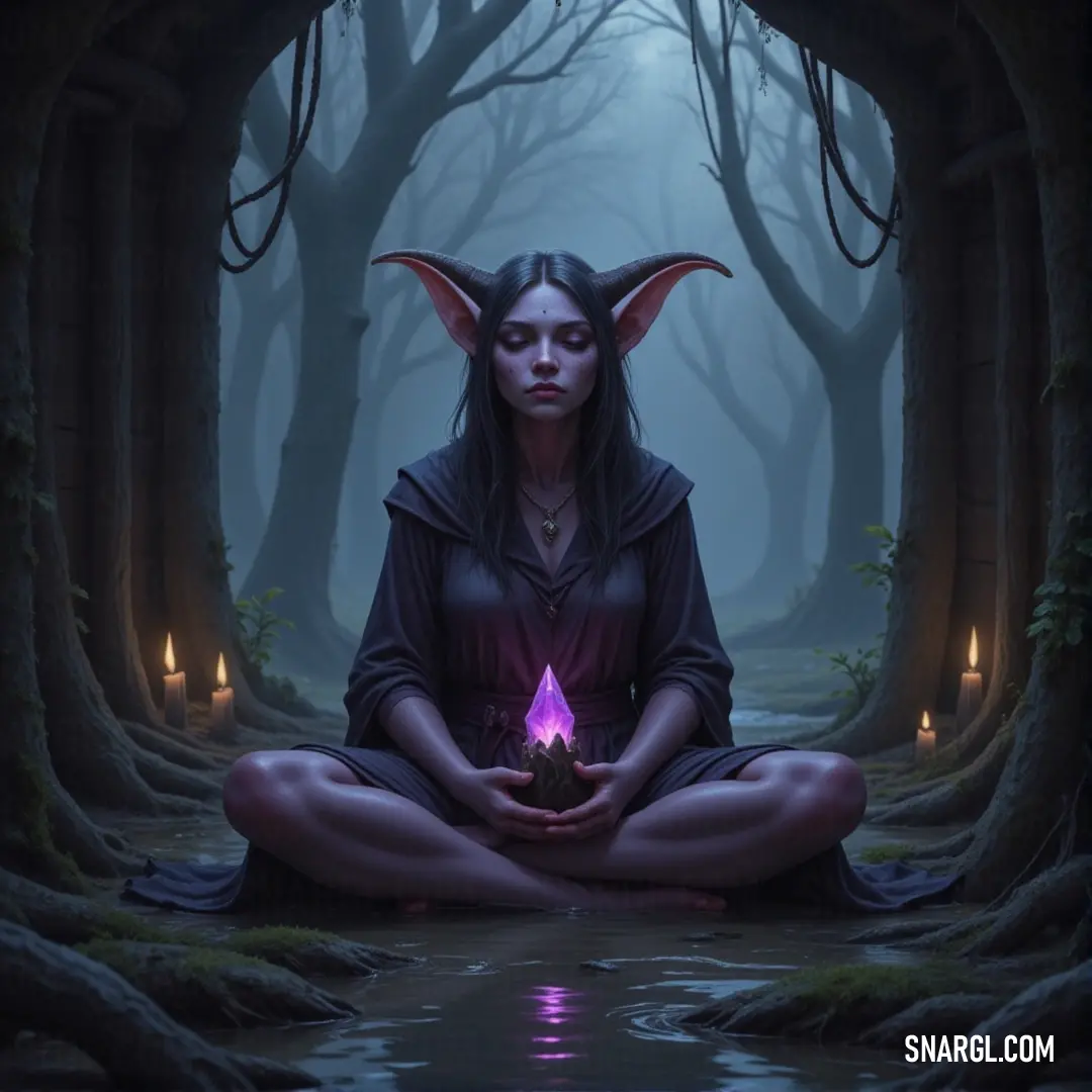 Shilrith, holding a candle in a forest, her forehead marked with a demon face, a figure caught between light and dark forces. In the depths of a misty forest, Shilrith holds a flickering candle, her hands steady as a demon-like face appears on her forehead, a mystical symbol of her otherworldly power. She walks the path between light and shadow, a being of strange beauty and mys