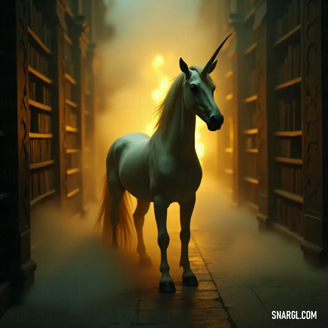 Radiant unicorn illuminated in a mystical doorway. A radiant unicorn stands framed within a mystical doorway, light streaming down to accentuate its sparkling coat. The gentle glow highlights the elegance of its features, imbuing the setting with an aura of mystery and allure.