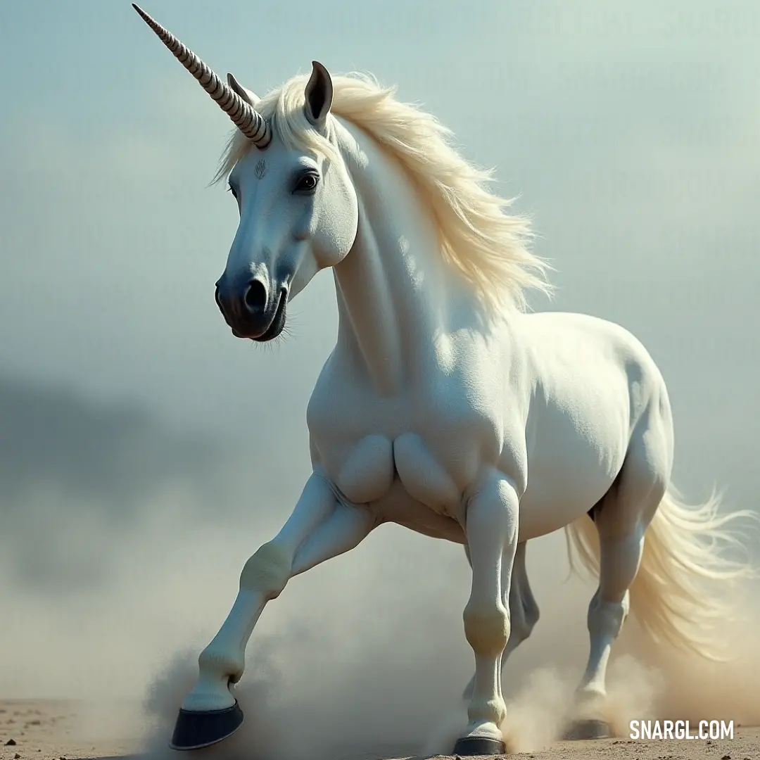 Energetic unicorn galloping through sunny sands. A spirited unicorn gallops through golden sands, kicking up dust as it moves. The clear blue sky overhead highlights its magnificence, capturing a moment of freedom and energy in a stunning desert landscape filled with warmth.