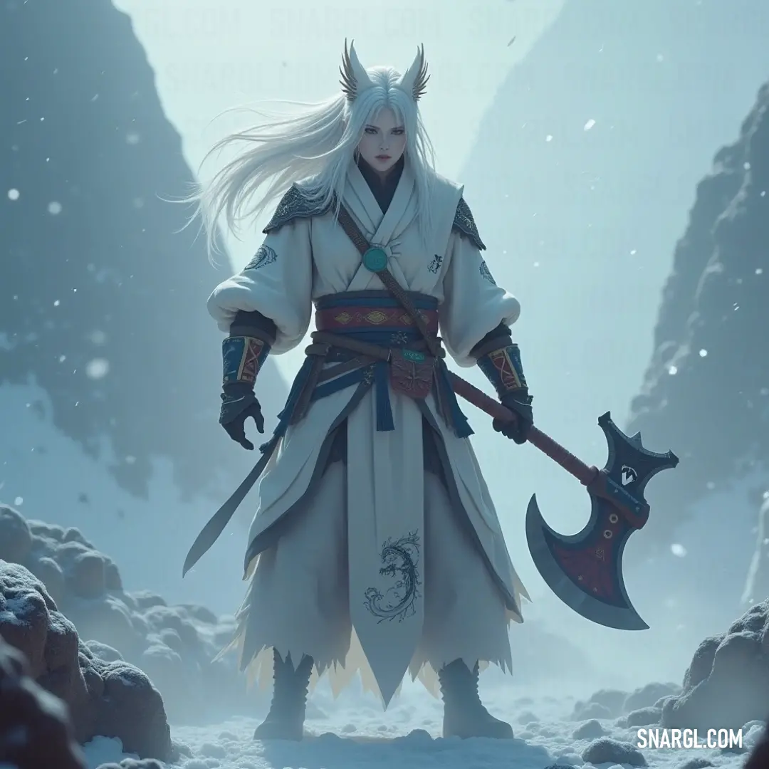 A strong figure in white attire holding a mighty axe, set against a snow-covered terrain and towering mountains. A fierce warrior, dressed in a white outfit, wields a large axe as they stand against a snowy, rugged landscape. Towering mountains loom in the distance, adding an epic feel to this wintery scene.
