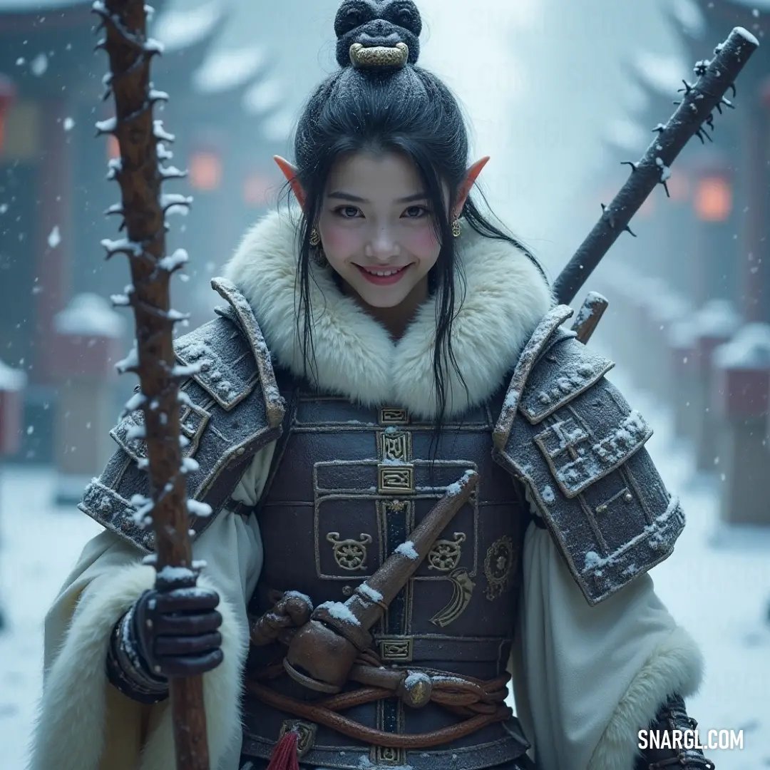 A formidable warrior dressed in a stunning, intricate costume holds her shimmering sword tightly while the serene snowfall envelops her, capturing the essence of strength and beauty amid a breathtaking winter backdrop. A fierce warrior donned in an elaborate costume, gripping a gleaming sword with determination, as delicate snowflakes gently fall around her, creating a serene yet powerful winter scene in a frozen landscape.