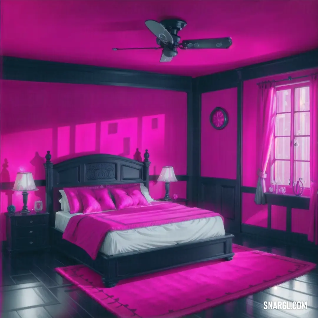 Bedroom with a pink and black theme and a bed with a pink blanket and pillows and a fan