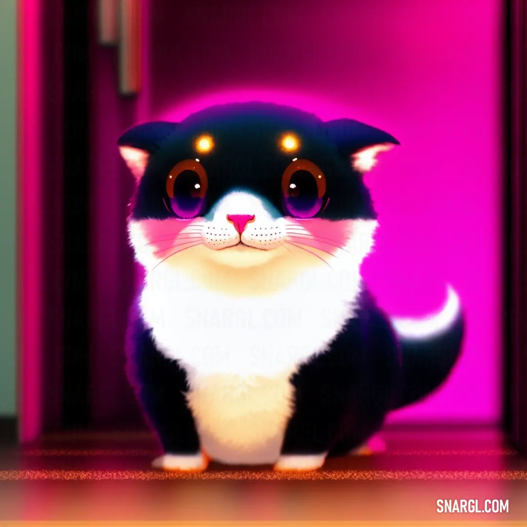 Black and white cat with glowing eyes in front of a door with a pink background and a pink wall. Example of CMYK 0,94,24,1 color.