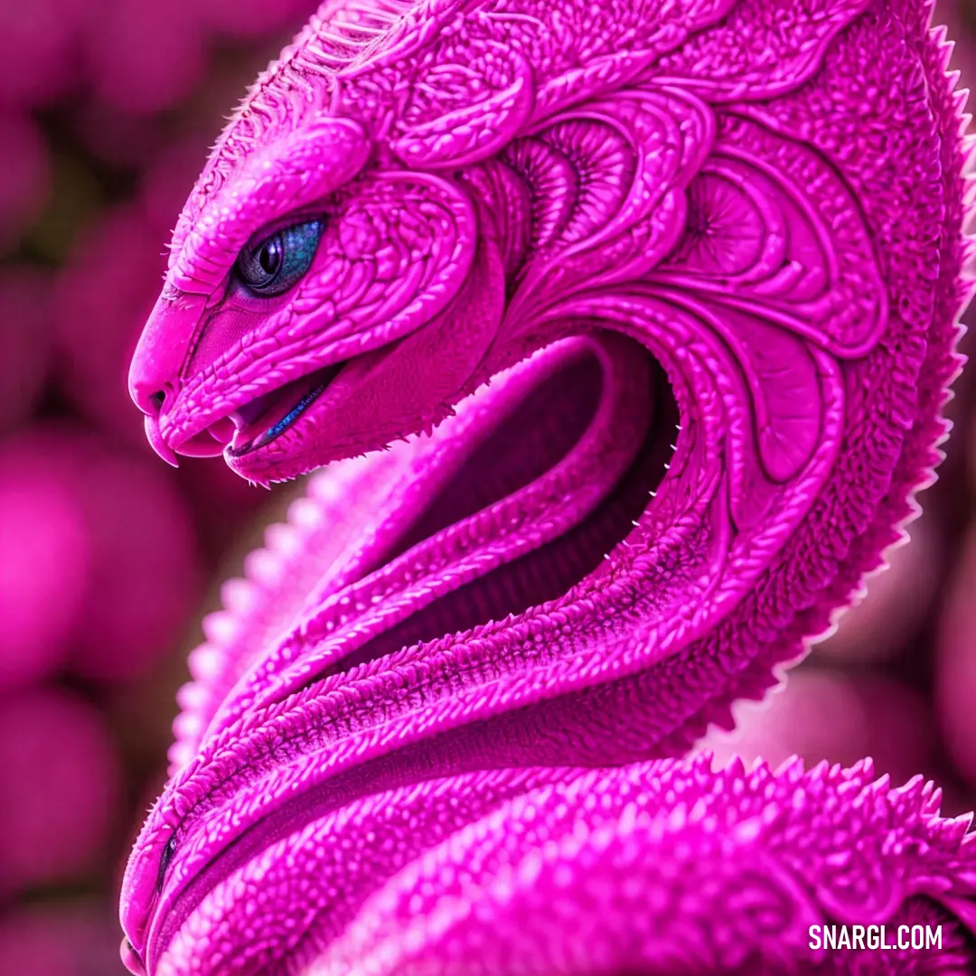 Close up of a pink dragon statue with a blue eye and a black nose and tail