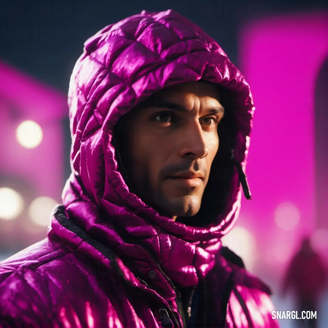 Man in a purple jacket looks off into the distance with a pink background and a pink light behind him. Example of #FC0FC0 color.
