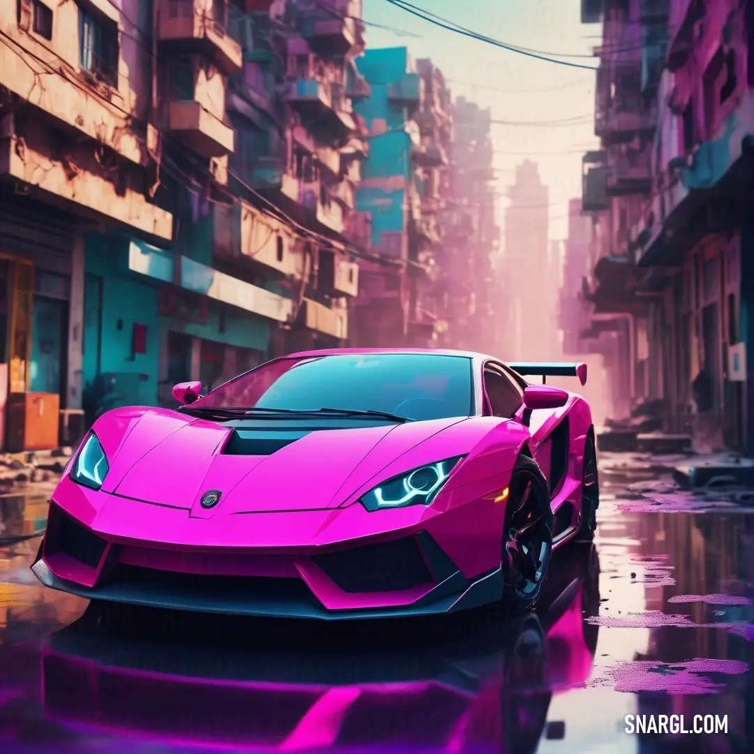 Pink sports car driving down a city street in the rain with buildings in the background. Color RGB 252,15,192.